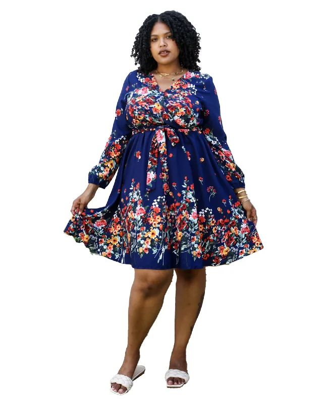 Ladies midi dress satin -Floral Mix Print Tied Belt Waist Navy Midi Dress | Navy