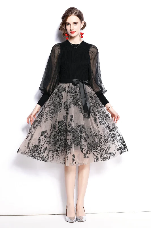 Ladies party dress olive -Black Cocktail & Party A-line Crewneck Long Sleeve Below Knee Printed Knee Dress with Belt