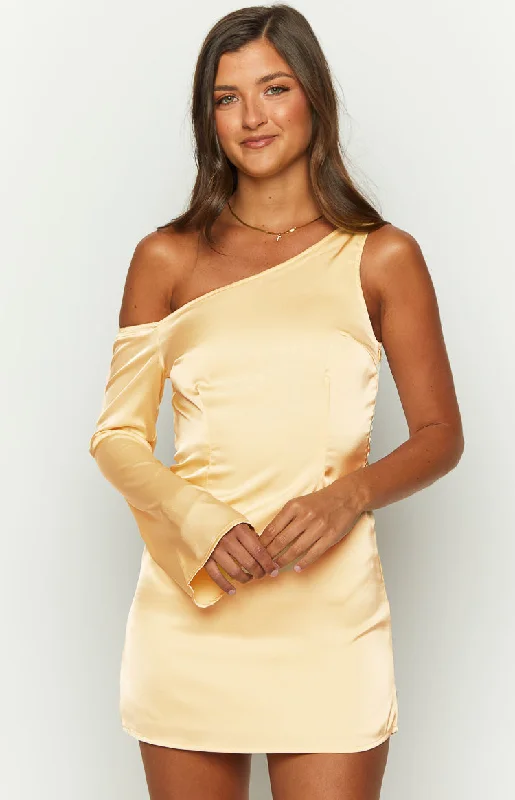 Women's mini dress vibrant -Singer Yellow Satin One Shoulder Mini Dress