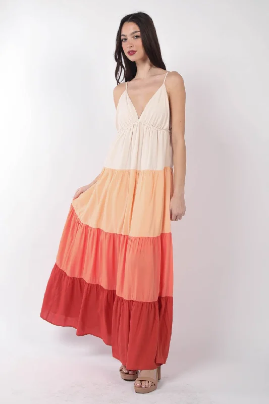 Women's maxi dress asymmetrical -VERY J Color Block Tiered Maxi Cami Dress