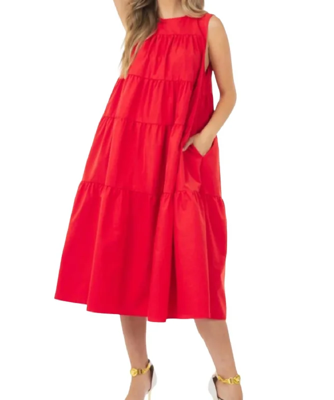 Ladies sleeveless dress plum -Sleeveless Poplin Dress In Red