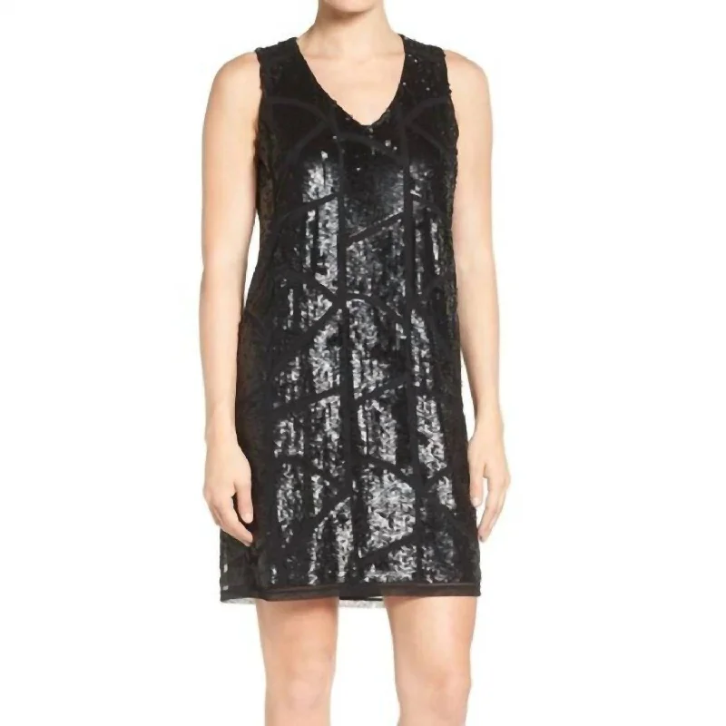 Ladies sleeveless dress bold -Sequin V Neck Sleeveless Shift Cocktail Dress In Black