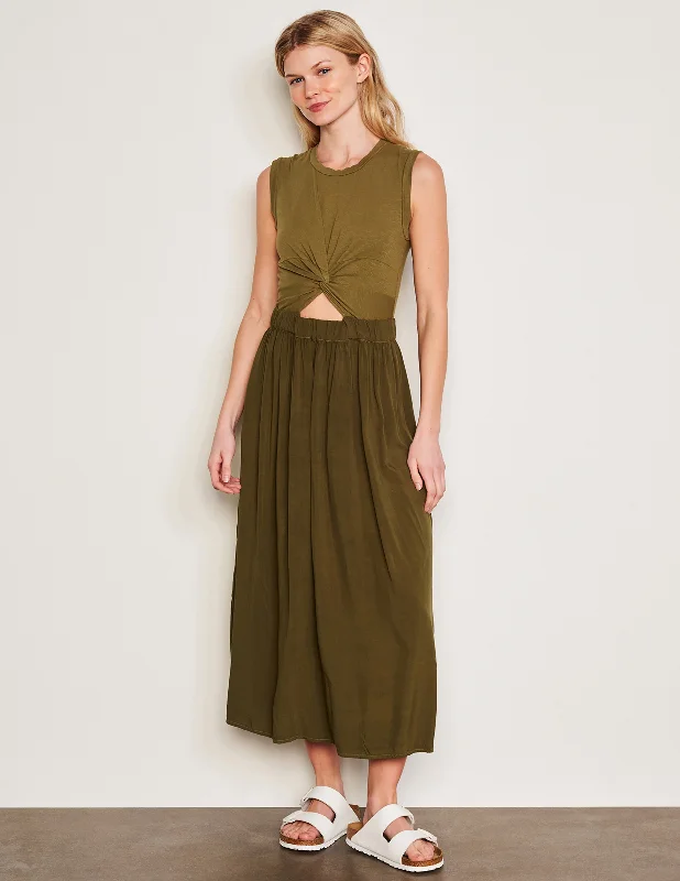 Ladies midi dress olive -Sundry Midi Mixed Media Dress in Olive