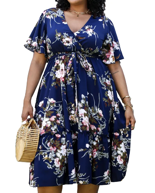 Women's maxi dress button down -V Neck Floral Print Flowy Navy Maxi Dress | Navy