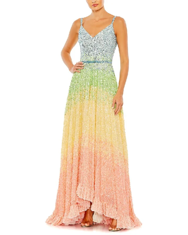 Ladies sleeveless dress emerald -Mac Duggal Sequined Rainbow Sleeveless High Low Gown