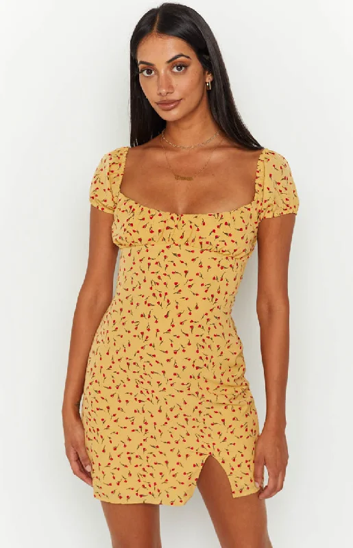 Women's mini dress autumn -Love & Lust Yellow Floral Cap Sleeve Mini Dress