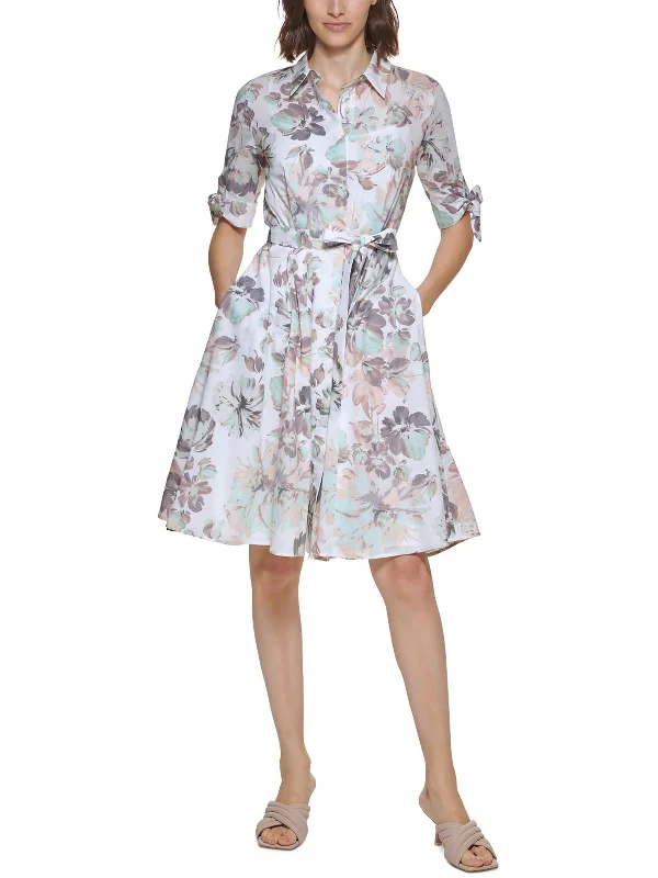 Women's shirt dress purple -Womens Floral print Knee-Length Shirtdress