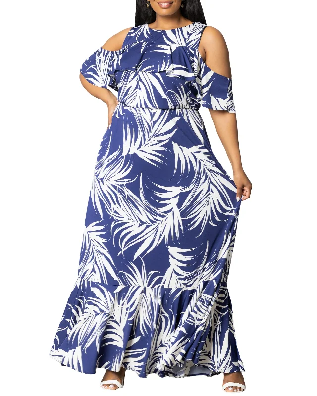 Women's maxi dress crochet -Piper Cold Shoulder Maxi Dress | NAVY PALM PRINT