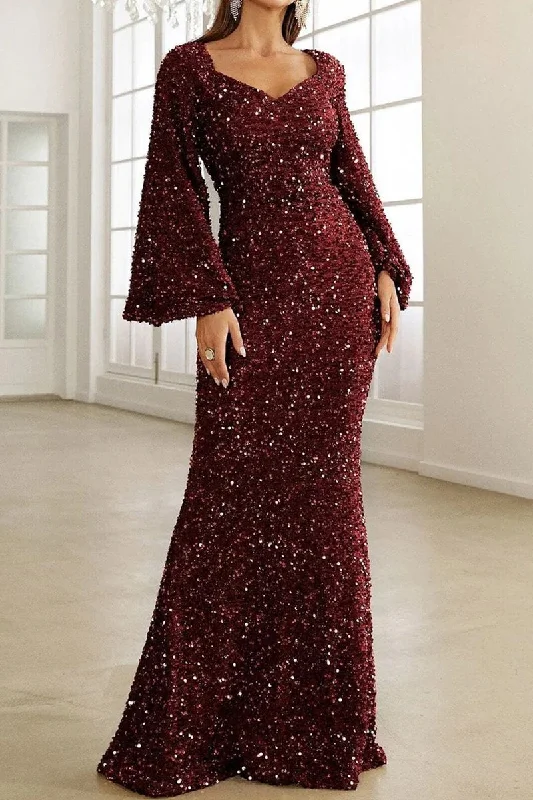 Women's maxi dress suede -WOMEN LONG BELL SLEEVE SEQUIN MAXI PARTY DRESS