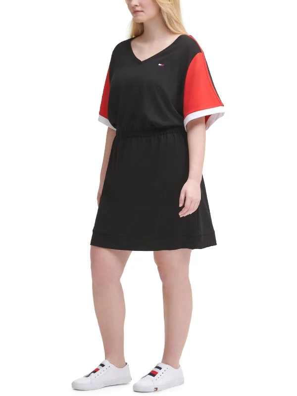 Women's shirt dress shift -Plus Womens Colorblock Short T-Shirt Dress