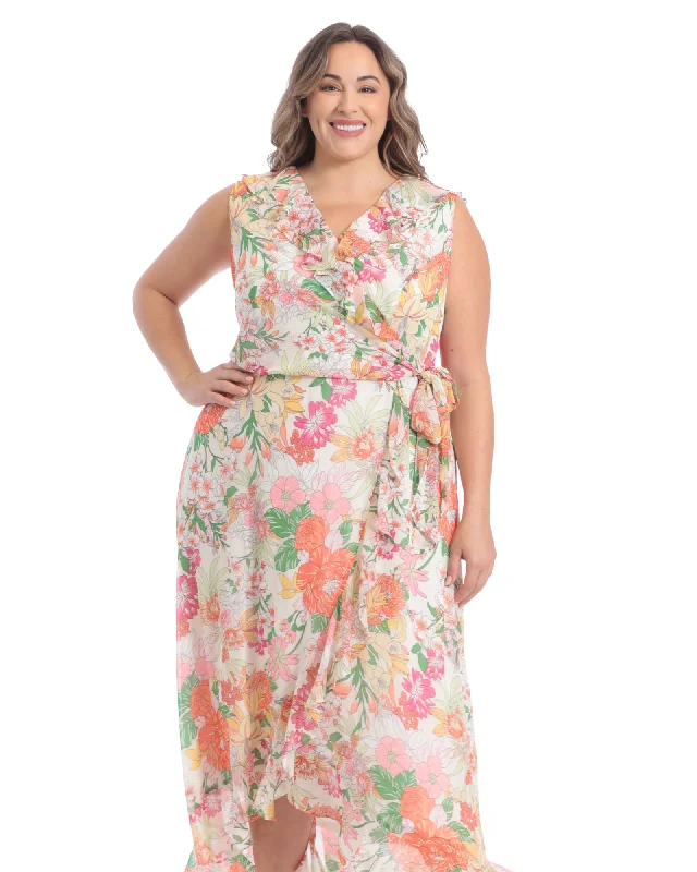 Women's maxi dress blue -Floral side tie ruffle wrap maxi dress | Cream/Org