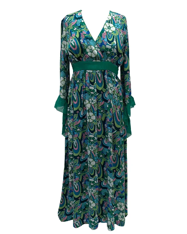 Women's maxi dress branded -Unique Vintage Teal & Blue Psychedelic Floral Print Maxi Dress | Teal