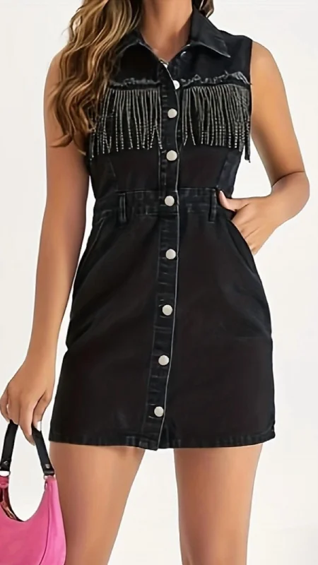 Ladies sleeveless dress tiered -Pocket Rhinestone Fringe Sleeveless Denim Dress In Black