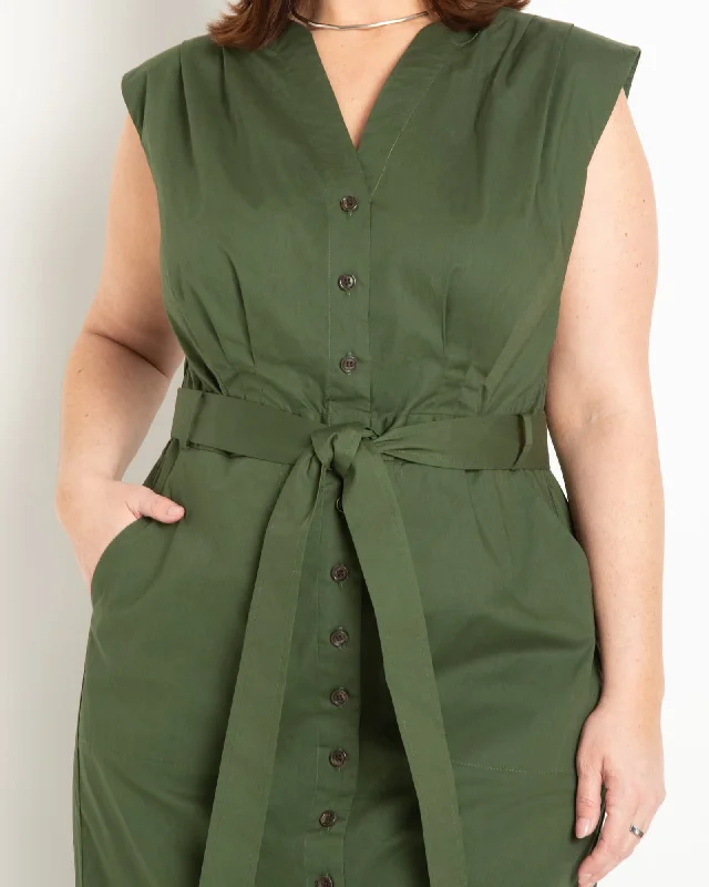 Ladies midi dress patterned -Belted Midi Dress | Rifle Green