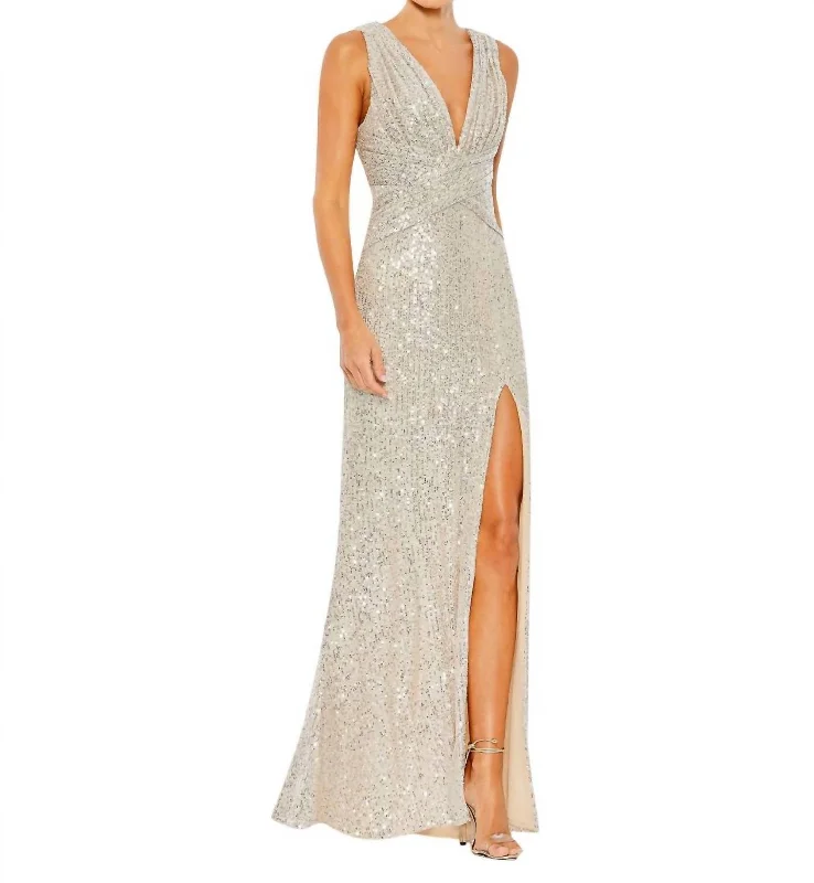 Ladies sleeveless dress yellow -Sleeveless Plunging Sequin Gown In Nude/silver