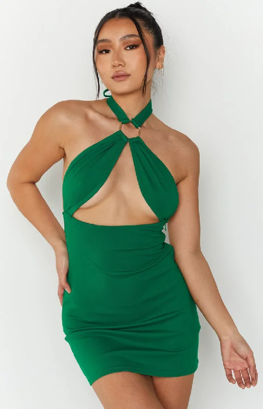 Women's mini dress affordable -Armelle Green Halter Neck Mini Dress