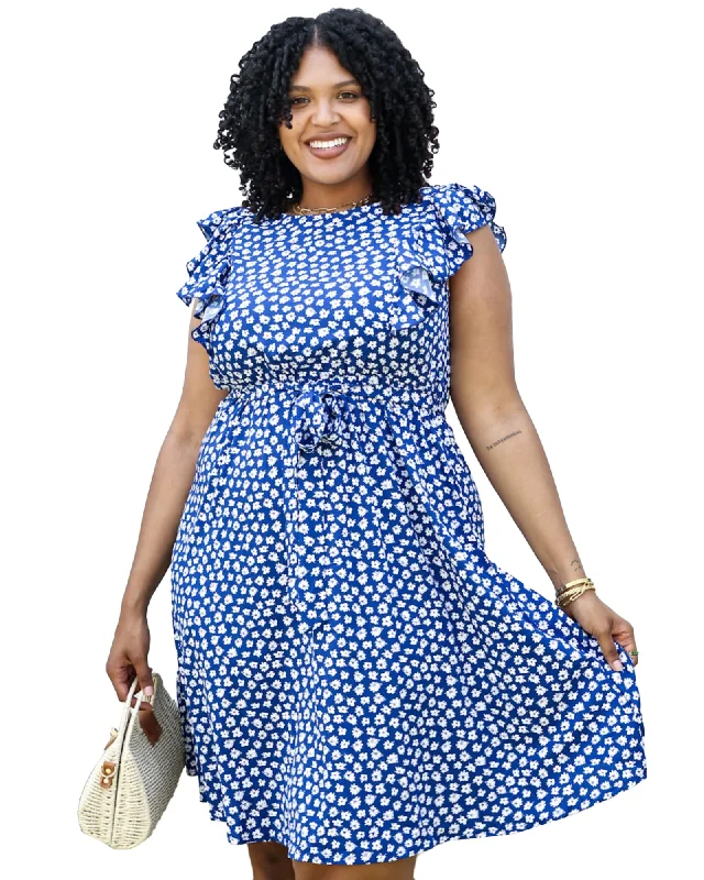 Ladies midi dress maxi style -White Daisy Print Midi Dress with Ruffle Sleeves | Blue