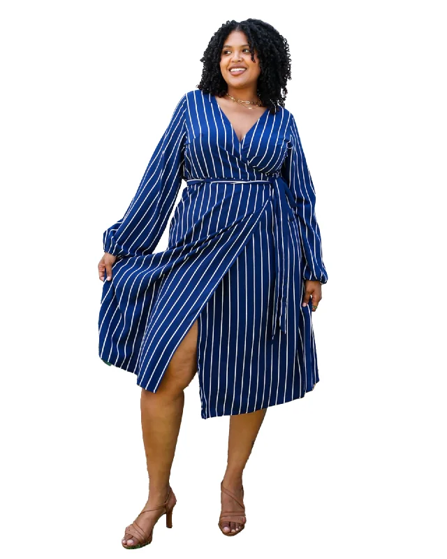 Ladies midi dress classic -White Vertical Stripe V Neck Midi Dress | Navy