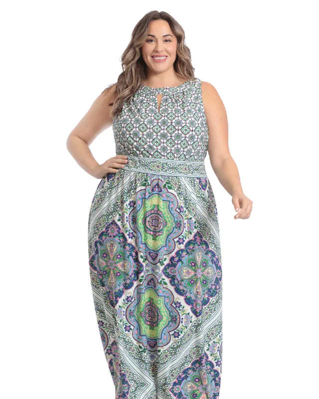 Women's maxi dress resort -Diamond tile keyhole neck morris maxi dress | White/Blue