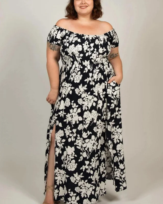 Women's maxi dress silver -Felicity Maxi Dress On-Off Shoulder Floral Navy | Navy