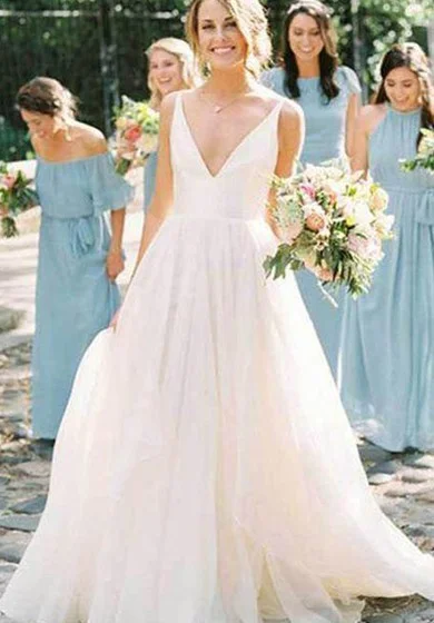 Ladies sleeveless dress soft -V-neck Tulle Satin A Line Ball Gown Floor-length Sleeveless Wedding Dress