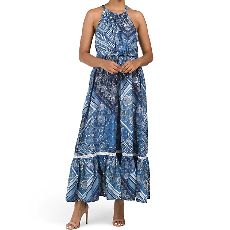 Women's maxi dress bold -Lucky Brand Women's Halter Neck Flounce Hem Cotton Floral Summer Maxi Dress