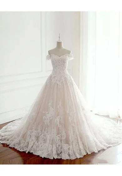 Ladies sleeveless dress boho -Off-the-shoulder A-line Floor-length Chapel Train Sleeveless Lace Tulle Wedding Dress with Lace-up Back