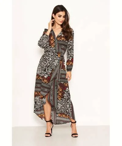 Ladies midi dress retreat -Zebra Mixed Print Wrap Midi Dress