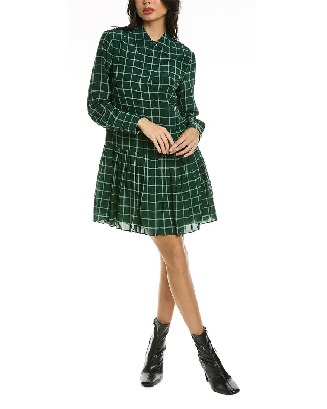 Women's shirt dress checkered -Rebecca Taylor Windowpane Pleated Silk Shirtdress