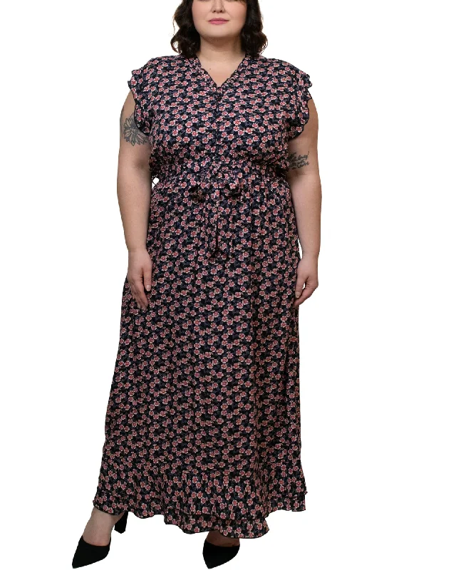 Women's maxi dress boutique -Kiara Maxi Dress Floral Print Frilled V-Neckline | Navy