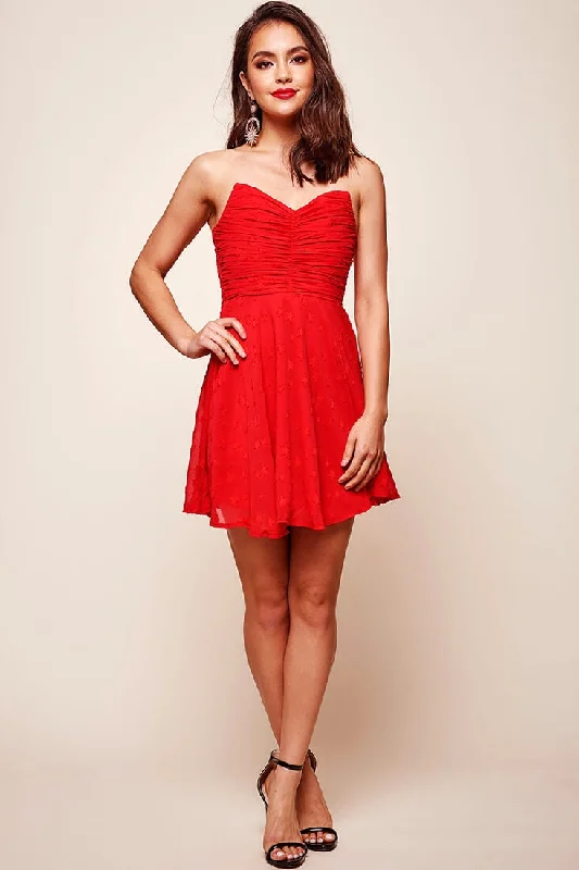 Ladies party dress puffed sleeve -Tinseltown Ruched Party Dress Red