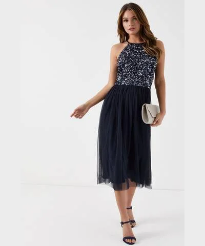 Ladies midi dress jewel neck -Halter Midi Neck Dress Navy